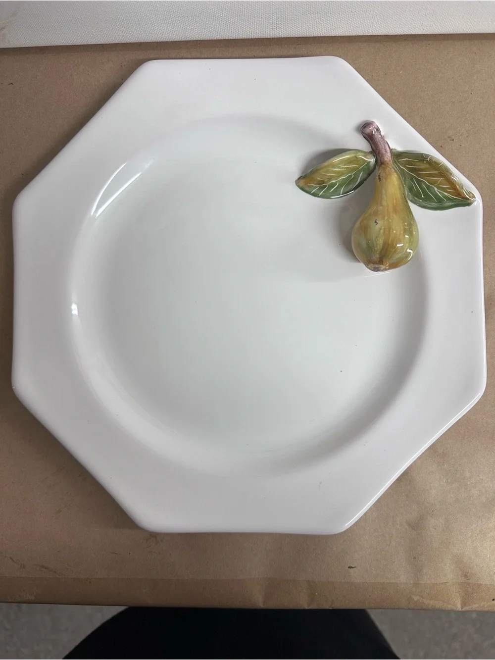 Pierre Deux Octagonal White Ceramic Dinner Plate with Yellow Pear Detail France